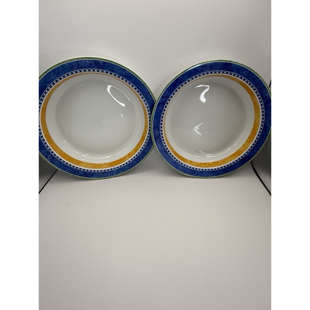 (2) Dansk Bistro Dinnerware Soup Bowls Blue Green Orange Rimmed Stoneware 8"